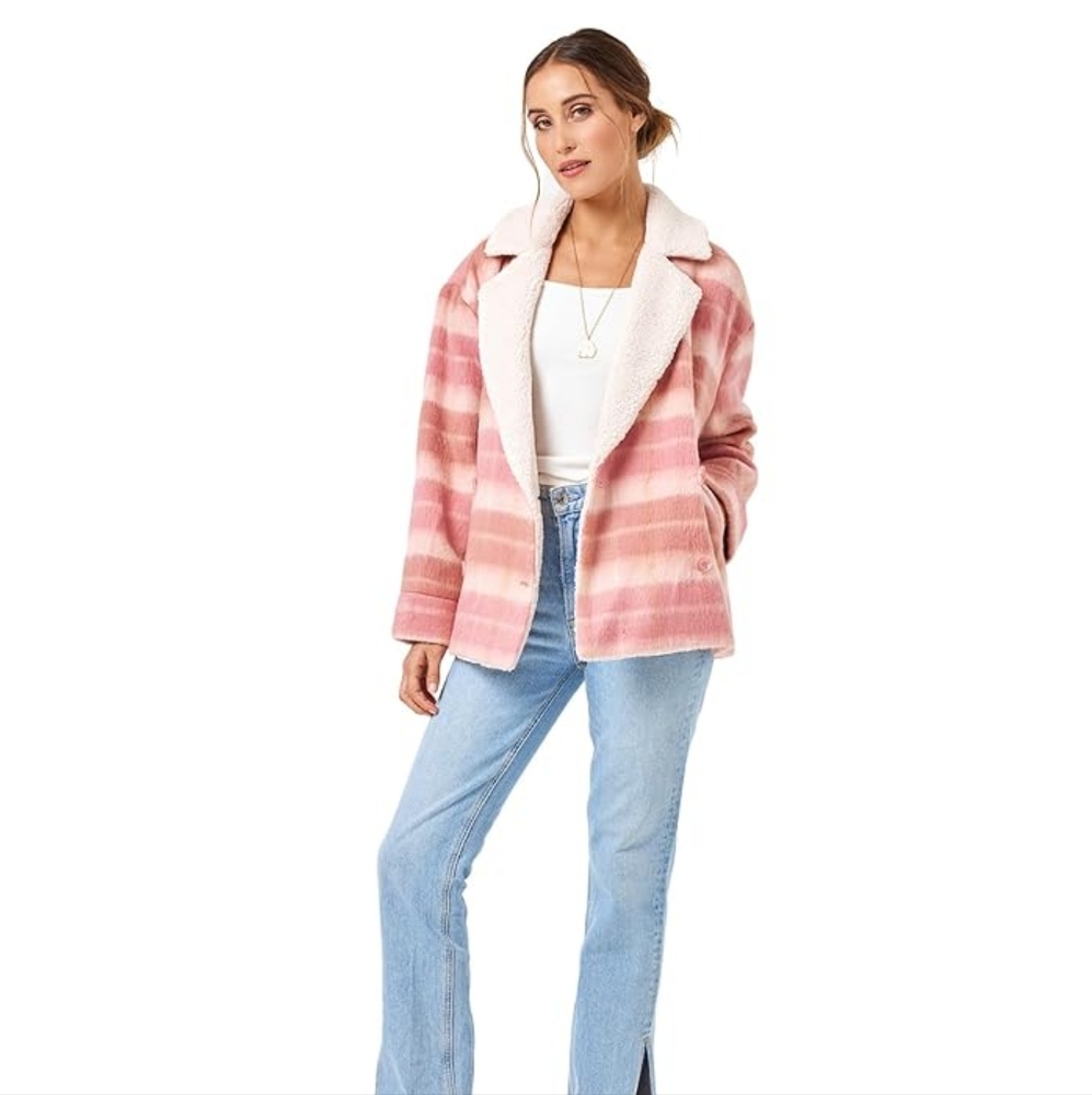 L*Space Plaid About You Jacket Seashore Oasis Pink Cream Stripe Sherpa Medium